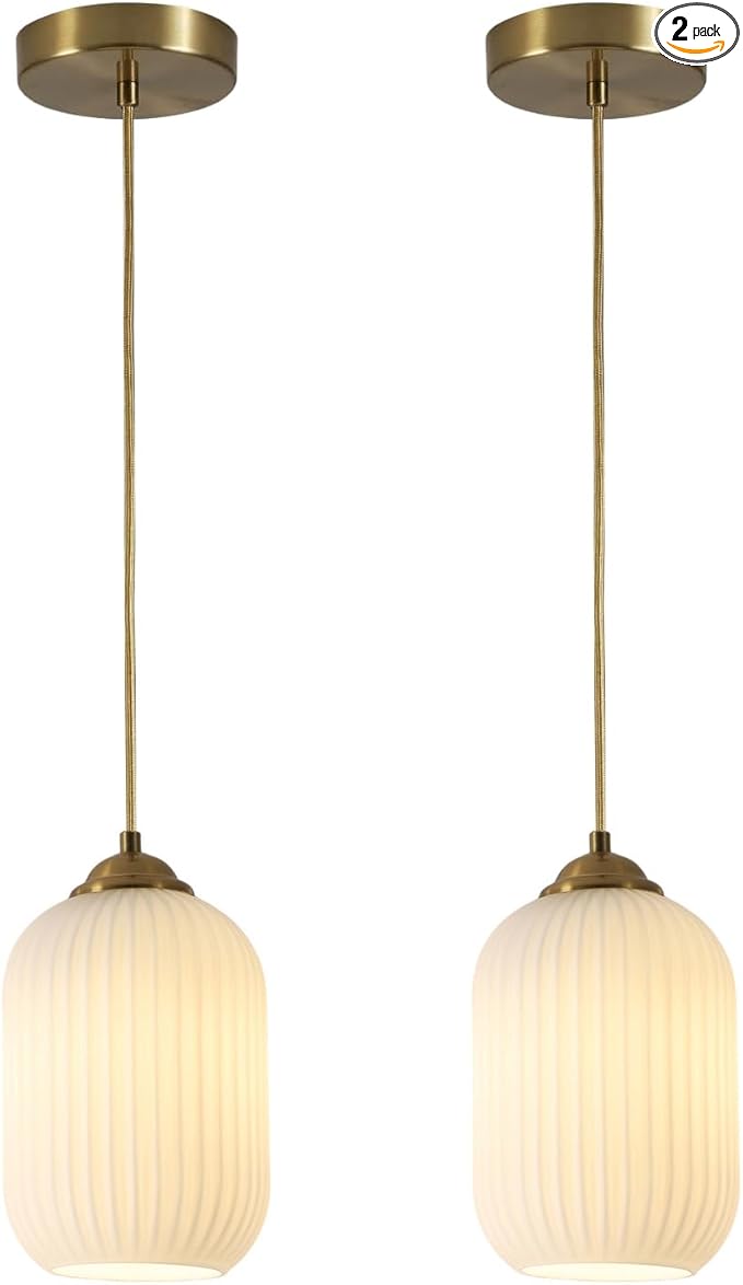Milk Glass Cylinder Pendant Lights Kitchen Island Small Ribbed Hanging Light Brass Gold Pendant Lighting Fixtures Mid Century Modern Vintage Hanging Lamp (2 Pack)