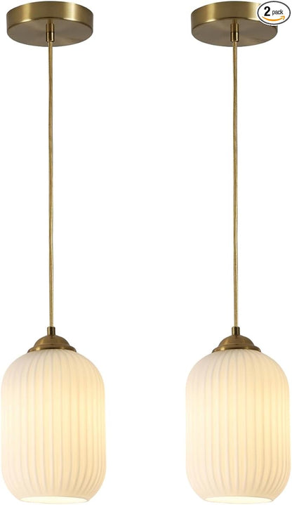 Milk Glass Cylinder Pendant Lights Kitchen Island Small Ribbed Hanging Light Brass Gold Pendant Lighting Fixtures Mid Century Modern Vintage Hanging Lamp (2 Pack)