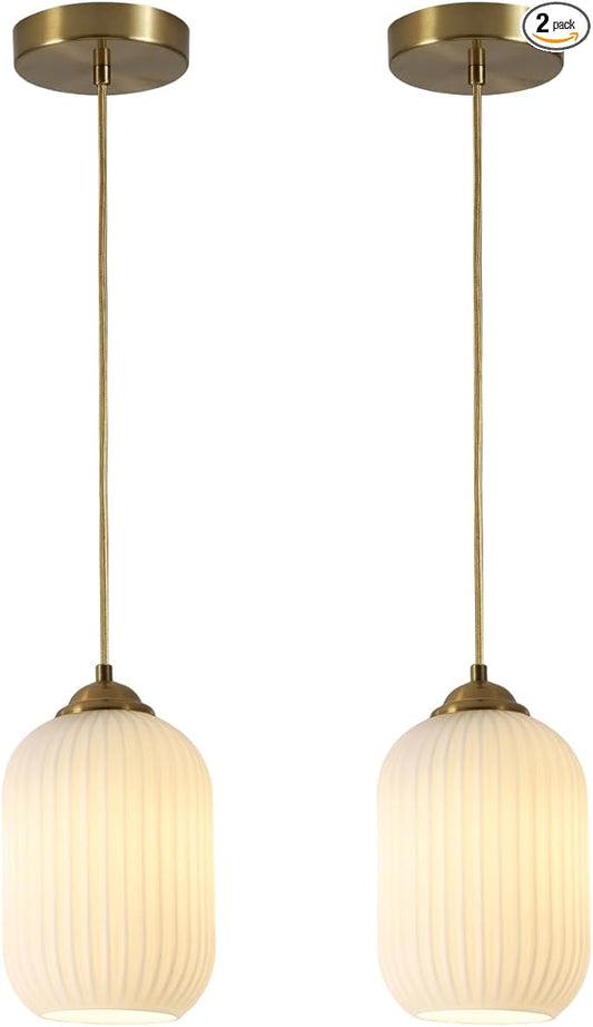 Milk Glass Cylinder Pendant Lights Kitchen Island Small Ribbed Hanging Light Brass Gold Pendant Lighting Fixtures Mid Century Modern Vintage Hanging Lamp (2 Pack)