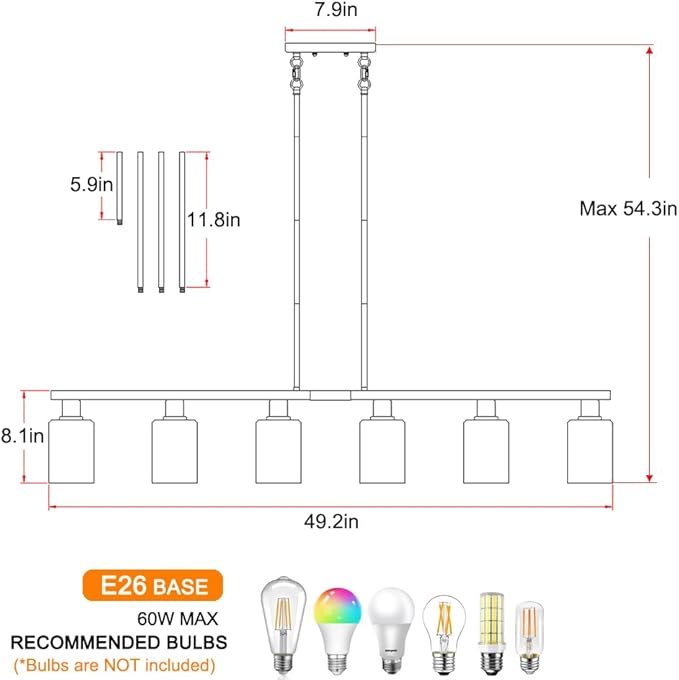 Dining Room Light Fixture Over Table, Black 6-Light Kitchen Island Lighting with Glass Shade & Adjustable Rods, Farmhouse Linear Chandelier Pendant Light for Kitchen Living Room Breakfast Corner