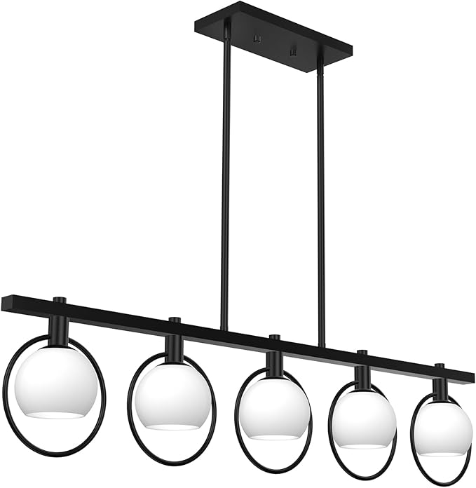 ropelux Dining Room Light Fixture, 5-Light Chandelier for Kitchen Island Over Table with E12 Socket(Bulb not Included), Black Rustic Hanging Pendant Light Fixtures with Frosted White Glass Lampshade