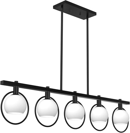 ropelux Dining Room Light Fixture, 5-Light Chandelier for Kitchen Island Over Table with E12 Socket(Bulb not Included), Black Rustic Hanging Pendant Light Fixtures with Frosted White Glass Lampshade