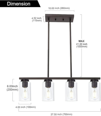 TODOLUZ Farmhouse Dining Room Chandelier 4-Lights Kitchen Island Light, Clear Glass Pendant Lighting Fixtures in Oil Rubbed Bronze
