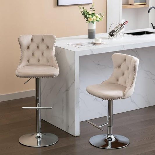 Modern Swivel Bar Stool with Adjustable Height and Tufted Upholstered Backrest for Kitchen Island, Home Bar, or Dining Area (Foam + Beige + Velvet)
