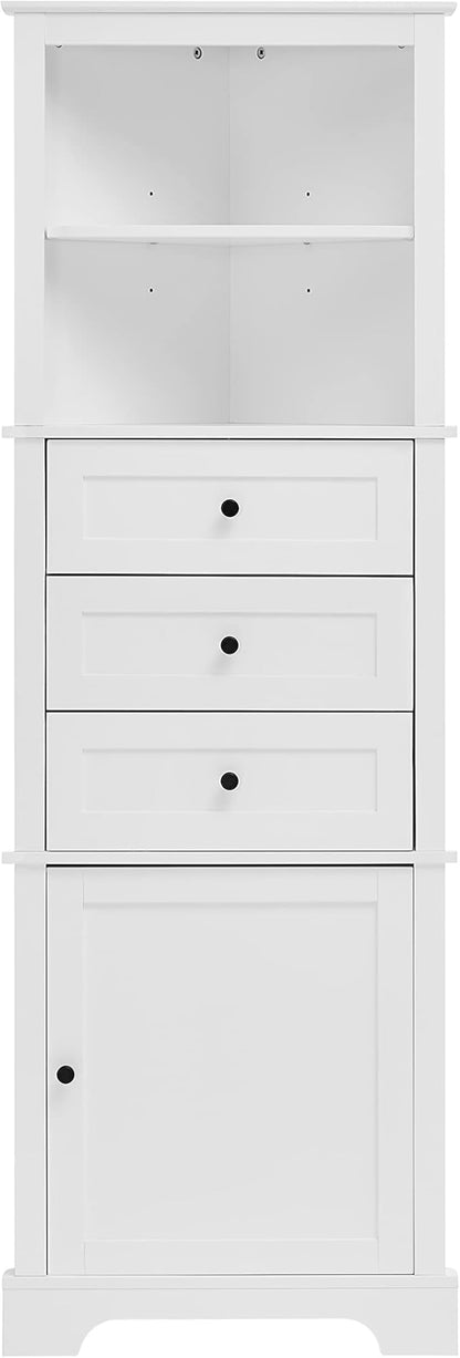 69" H Tall Corner Cabinet with Adjustable Shelves and Drawers, Storage Bookshelf Space Saver for Bathroom or Kitchen, White
