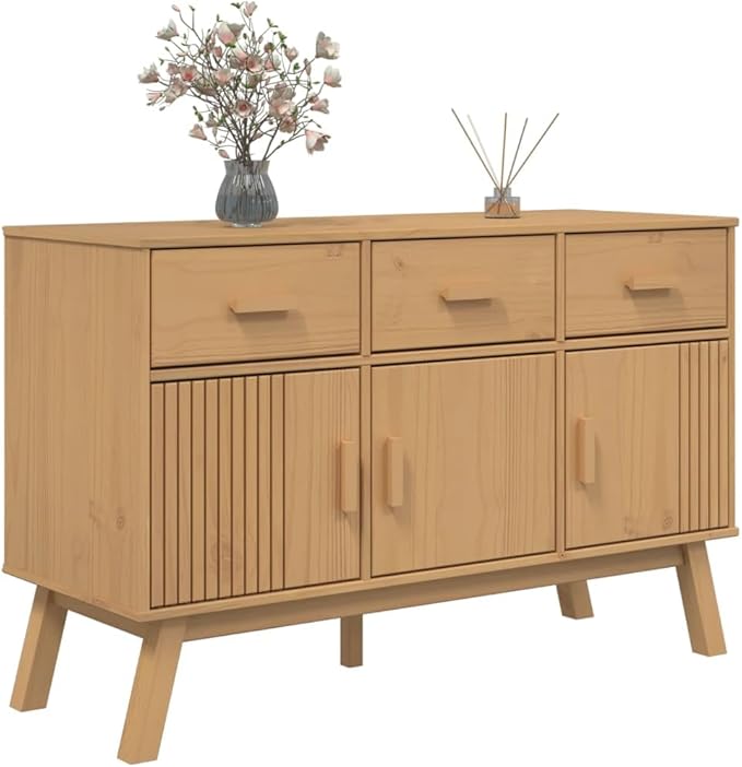 Brown Solid Pinewood Sideboard, Wax Finish, 44.9" x 16.9" x 28.9" Buffet Cabinet with Drawers, Scandinavian Furniture for Living Room, Kitchen Island Storage Kitchen Furnitur