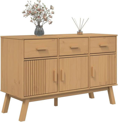 Brown Solid Pinewood Sideboard, Wax Finish, 44.9" x 16.9" x 28.9" Buffet Cabinet with Drawers, Scandinavian Furniture for Living Room, Kitchen Island Storage Kitchen Furnitur