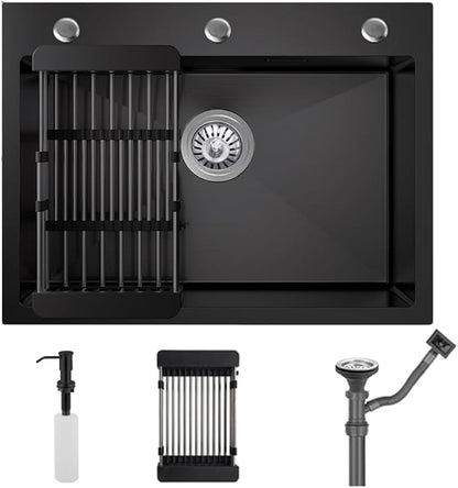 23.6 x 17.7 Inch Black Drop In Kitchen Sink,Stainless Steel Topmount Single Bowl Sink,Large Capacity Utility Workstation Sink With Soap dispenser & Drain Basket