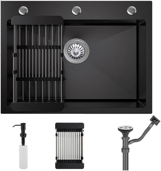 23.6 x 17.7 Inch Black Drop In Kitchen Sink,Stainless Steel Topmount Single Bowl Sink,Large Capacity Utility Workstation Sink With Soap dispenser & Drain Basket
