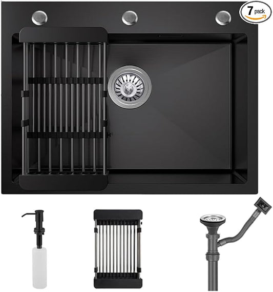 21.7 x 17.7 Inch Black Drop In Kitchen Sink,Stainless Steel Topmount Single Bowl Sink,Large Capacity Utility Workstation Sink With Soap dispenser & Drain Basket