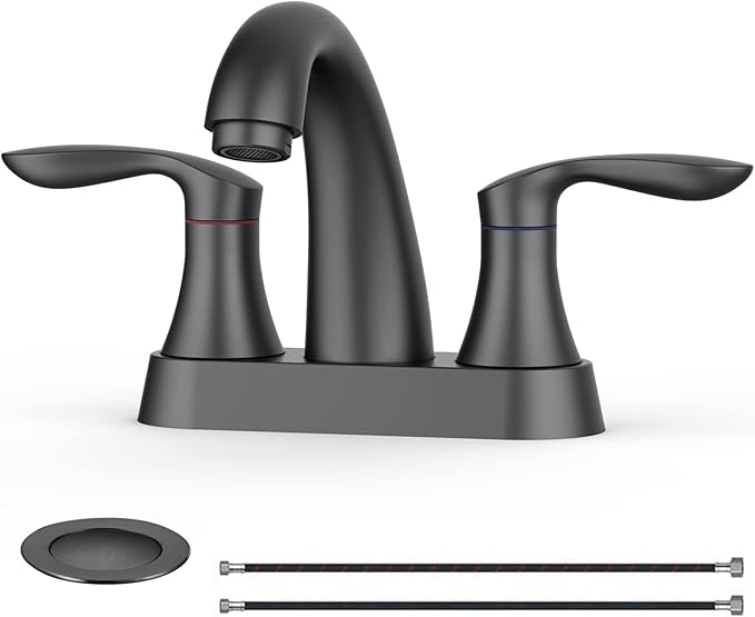 Bathroom Faucet, 4 Inch Bathroom Faucets for Sink 3 Hole, Centerset Bathroom Sink Faucet with Pop Up Drain and cUPC Lead-Free Hose(Matte Black)