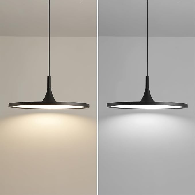 JAYMP Dining Room Modern Pendant Lighting Dimmable LED Disk Light Adjustable Height Kitchen Island Hanging Light Fixture (Black, Dia 19.7 inch)