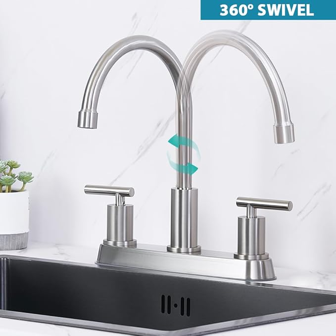 3 Hole Kitchen Faucet, Brushed Nickel Two Handles Kitchen Faucet, RV Kitchen Sink Faucet, 3 Hole or 4 Holel Faucet for Kitchen Sink TDLKF024W-L
