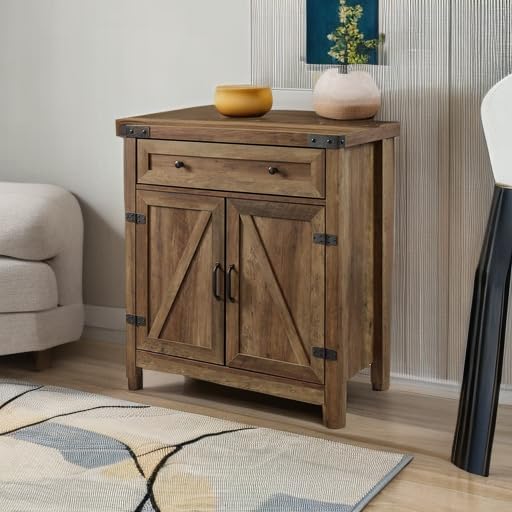Walker Edison Cass Modern Farmhouse Double Barn Door Accent Cabinet, 30 Inch, Rustic Oak, Without Fireplace