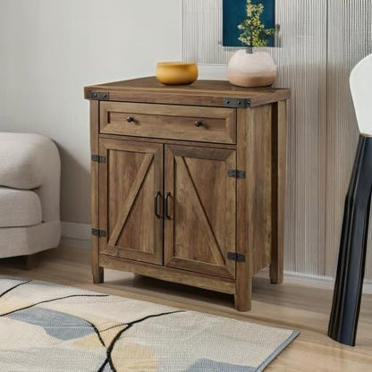 Walker Edison Cass Modern Farmhouse Double Barn Door Accent Cabinet, 30 Inch, Rustic Oak, Without Fireplace