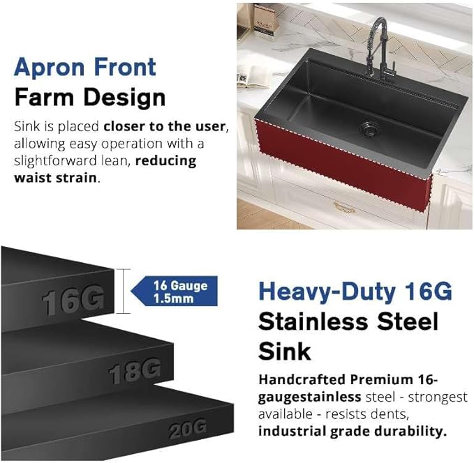 33 Inch Farmhouse Sink Black, 16 Gauge 304 Stainless Steel Farm Sinks, Drop In Topmount Single Bowl Workstation Sink with all Accessories, 33" x 22" x 10" Deep Kitchen Sink