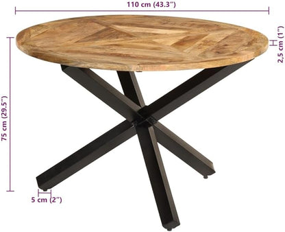 Round Solid Mango Wood Dining Table Brown with Black Metal Legs Rustic Finish for Small Spaces Kitchen Dining Room Compact Furniture
