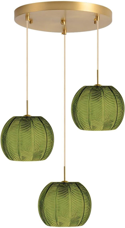 Dark Green Chandelier Cluster 3-Light Glass Globe Hanging Pendant Lights Fixtures Gold Sputnik Ceiling Pendant Lights with Ribbed Glass Ball Shade Mid Century Modern Chandelier
