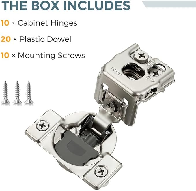 HOME EDIT 10 Pack 5 Pairs 1-5/16 inch Overlay Soft Close Cabinet Hinges for Kitchen, Stainless Steel Three-Way Adjustable, Concealed Self-Closing Door Hinges