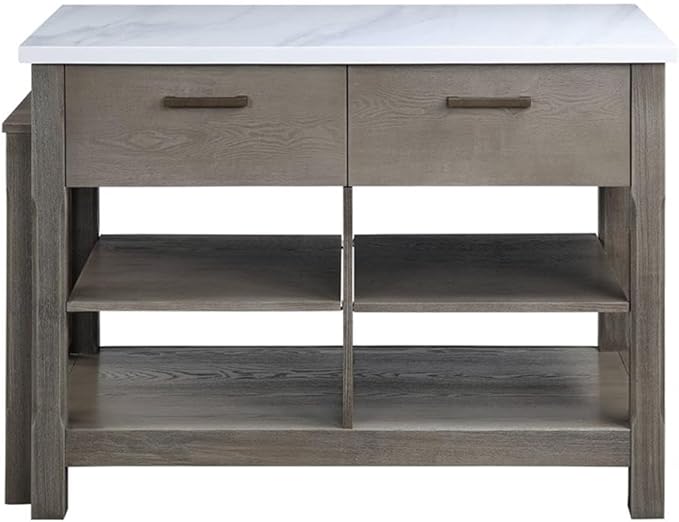 Acme Feivel Kitchen Island with Pull Out Table in Marble Top and Rustic Oak