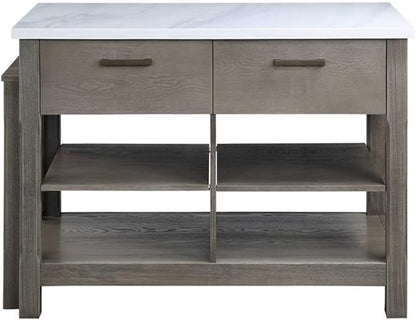 Acme Feivel Kitchen Island with Pull Out Table in Marble Top and Rustic Oak
