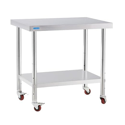 KUARBARR Stainless Steel Table for Prep & Work with 4 Caster Wheels with Undershelf 30 x 36 NSF Metal Commercial Kitchen Adjustable Under Shelf Worktable for Restaurant Home Outdoor