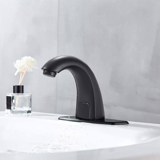 Automatic Touchless Faucet Black Bathroom Sink Faucet Electronic Sensor with Hole Cover Plate Control Box and Temperature Mixer AC/DC Powered Motion Activated Hands-Free Deck Mount