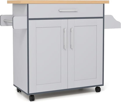 COSTWAY Kitchen Island On Wheels, Rolling Storage Trolley Cart with Large Cabinet, Drawer, Spice Rack and Towel Rack, Kitchen Serving Utility, 3-Position Adjustable Shelf (Grey)