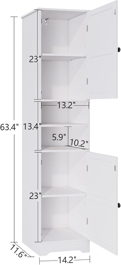 Viaozutis Tall Bathroom Storage Cabinet, Vertical Freestanding Organizer with Adjustable Shelf, Slim Design for Small Bathrooms, Towels & Toiletries Storage（White）