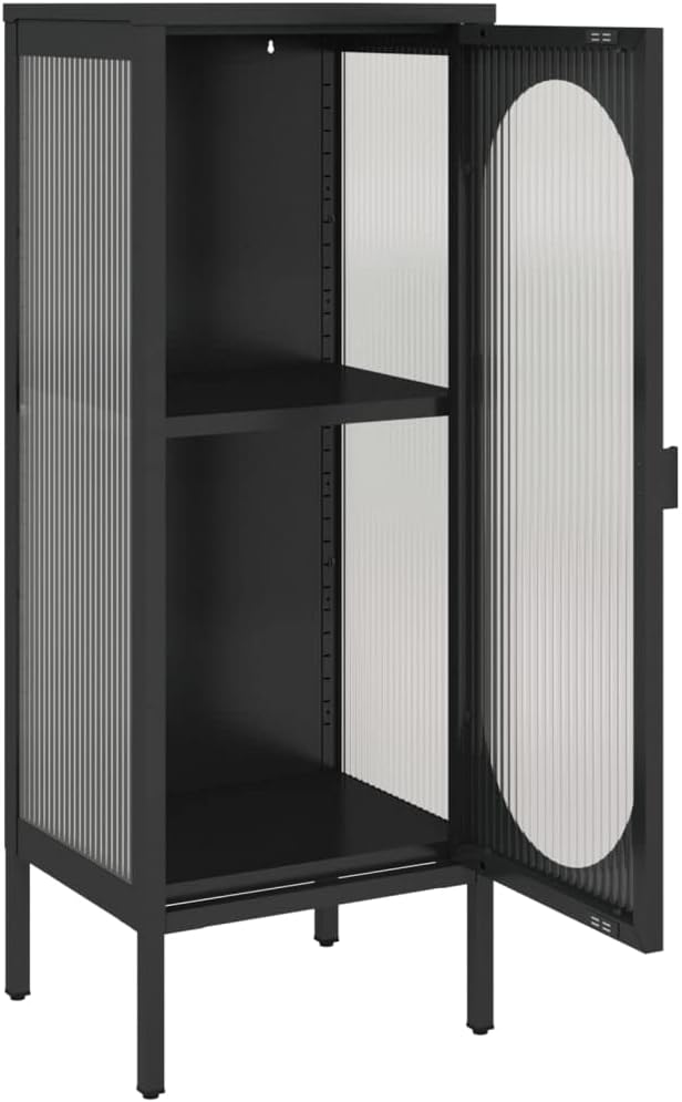 Black Powder-Coated Steel Sideboard, Fluted Glass Door, 40.2 in Tall Buffet Cabinet with Storage, Modern Living Room Furniture Kitchen Furniture