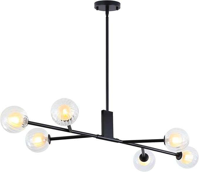 Modern Black Sputnik Island Light, 6-Light Glass Linear Chandelier for Dining Room, 46'' Ceiling Pendant Light Fixture with Globe Lampshade, Large Hanging Lamp Over Table, Bar, G9 Base