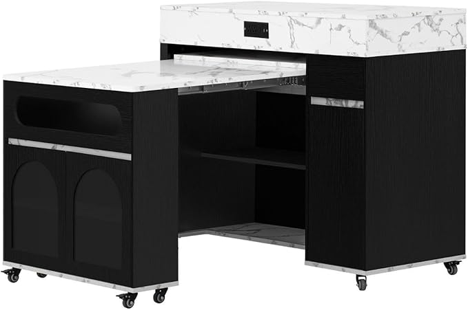 Extendable Dining Table with Rolling Kitchen Island, 54.1" Folding Top, Storage Cabinet, Drawers, Power Outlet, USB Ports, Brake Lock Wheels, 4-5 People, 110 LBS Capacity, Black