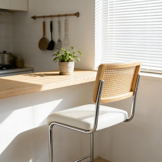 Counter Height Dining Set with Rattan Back Stools,Bar Table with 2 Drawers,Upholstered Kitchen Island Chairs,Chrome Cantilever Frame,Modern Furniture for Dining Room (No Table,2 White Chairs)