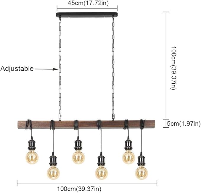 Eoyemin 6-Lights Kitchen Light Fixtures Farmhouse Wooden Retro Rustic Wood Pendant Light Industrial Suspension Line Can Be Adjusted Freely Chandelier for Dining Table Vintage Kitchen Bar Island