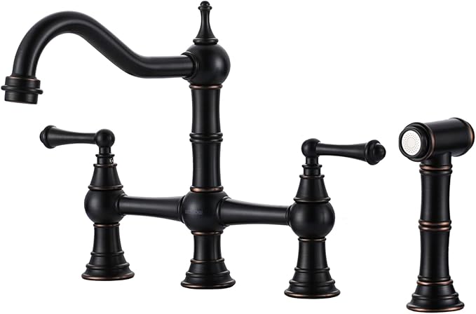 WOWOW Brass Kitchen Faucet with Side Sprayer, 8 Inch Centerset Bridge Faucet for Kitchen Sinks, 4 Hole Kitchen Faucet Bronze Vintage Farmhouse Kitchen Sink Faucet