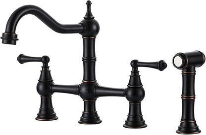 WOWOW Brass Kitchen Faucet with Side Sprayer, 8 Inch Centerset Bridge Faucet for Kitchen Sinks, 4 Hole Kitchen Faucet Bronze Vintage Farmhouse Kitchen Sink Faucet