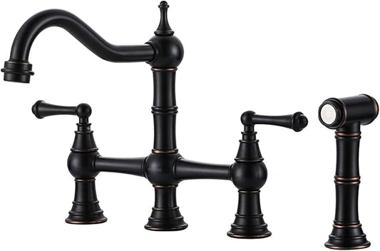 WOWOW Brass Kitchen Faucet with Side Sprayer, 8 Inch Centerset Bridge Faucet for Kitchen Sinks, 4 Hole Kitchen Faucet Bronze Vintage Farmhouse Kitchen Sink Faucet