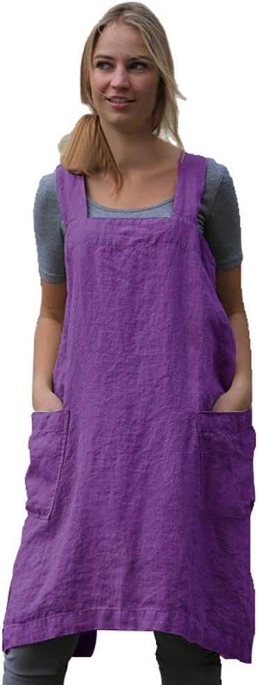 Larmliss Women's Pinafore Square Apron Baking Cooking Gardening Works Cross Back Cotton/Linen Blend Dress with 2 Pockets
