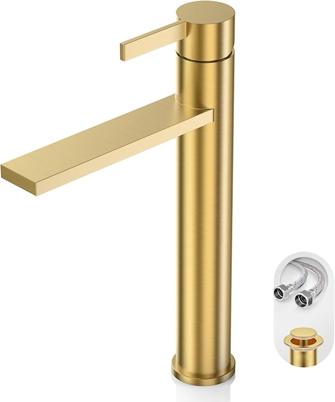 Phiestina 1 Hole Tall Bathroom Vessel Sink Faucet, Brushed Gold Single Hole Single Handle Vanity Faucet, with Pop Up Drain and Water Supply Line, FH02-BG-V