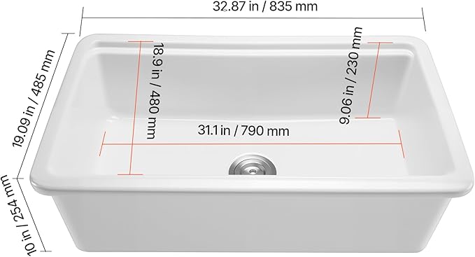VEVOR 33x19 inch Farmhouse Sink, White Sink Workstation, Fireclay Topmount Undermount Basin, Drop-In Single Bowl Basin with Multiple Accessories, Large Capacity Household Dishwasher Sinks for Kitchen