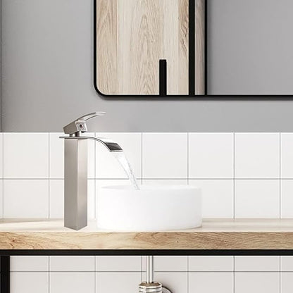 VOTON Vessel Sink Faucet Brushed Nickel Modern Tall Waterfall Bathroom Sink Faucet with Pop-Up Drain Single Handle Bathroom Faucet 1 Hole Bowl Lavatory Vanity Faucet, Rv Sink Camper Farmhouse Faucet