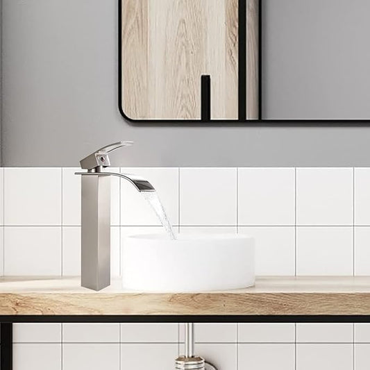 VOTON Vessel Sink Faucet Brushed Nickel Modern Tall Waterfall Bathroom Sink Faucet with Pop-Up Drain Single Handle Bathroom Faucet 1 Hole Bowl Lavatory Vanity Faucet, Rv Sink Camper Farmhouse Faucet