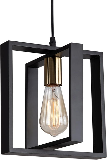Farmhouse Small Pendant Light Fixture,Kitchen Island Hanging Lamp with Cord, Black+Gold Finish, Wood Frame Chandelier for Hallway Entryway Closet Bedroom,9.5 Inch,E26.