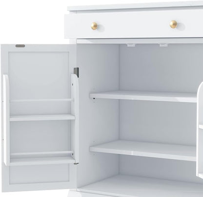 Modern Freestanding Kitchen Pantry Buffet Food Storage and Coffee Station Cabinet with Drawer 2 Adjustable Shelves and 2 Door Shelves Practical(White)