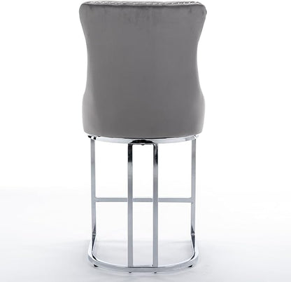 26" Counter Height Bar Stools Set of 2, Modern Velvet with Button Back Rivet Trim Upholstered Kitchen Island Chairs with Sturdy Chromed Metal Base Legs Farmhouse Bar Stools, (Gray,2 Pack)