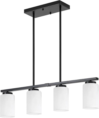 Modern Island Lights for Kitchen, Black Dining Room Light Fixtures, 4-Light Farmhouse Linear Chandeliers Over Table White Frosted Glass Adjustable Hanging Light Kitchen Pendant Lighting Over Island