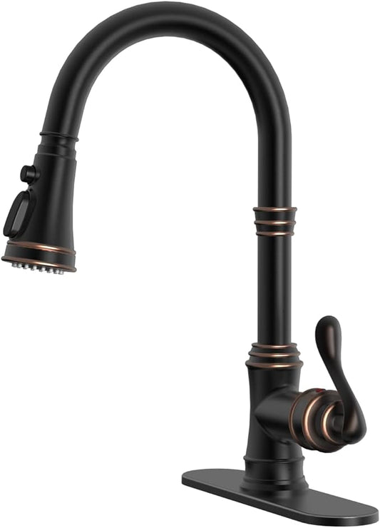 BWE Solid Brass Kitchen Faucet, Oil Rubbed Bronze Kitchen Sink Faucet with Pull Down Sprayer, 3 Spray Modes, Single Handle High Arc, with Deck Plate, Commercial/Farmhouse/Bar Sink Faucet