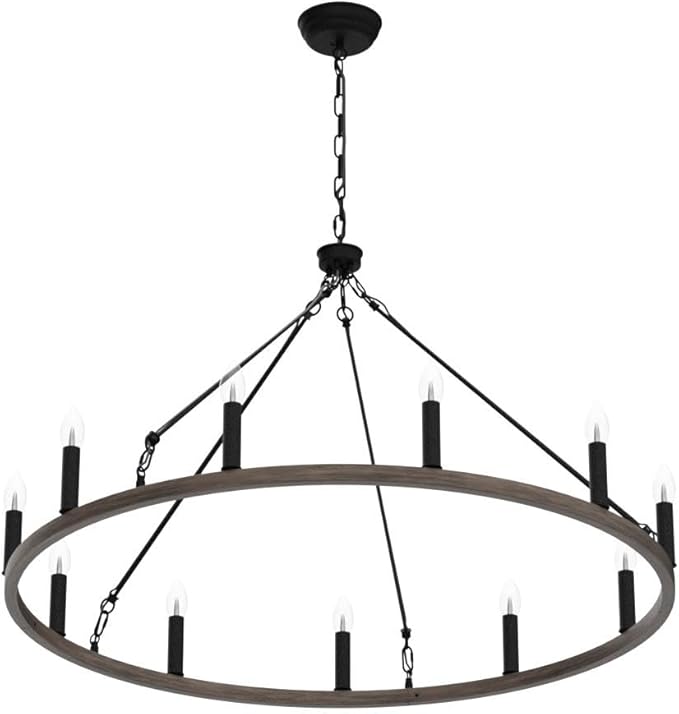 ANKYLHUA Wagon Wheel Chandelier-12 Light,38 Inch Chandeliers for Dining Room Light Fixture,Black and Metal Faux Wood Farmhouse Kitchen Light Fixtures for Living Room/Bedroom/Entryway