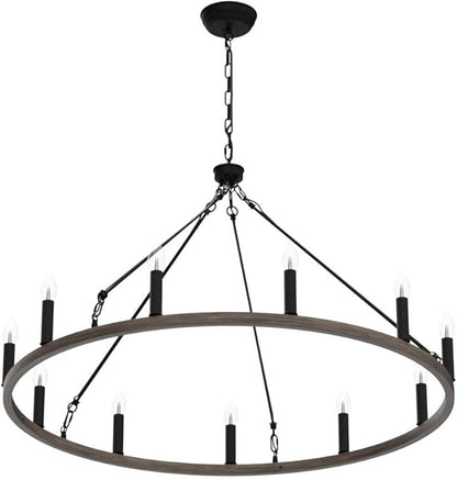 ANKYLHUA Wagon Wheel Chandelier-12 Light,38 Inch Chandeliers for Dining Room Light Fixture,Black and Metal Faux Wood Farmhouse Kitchen Light Fixtures for Living Room/Bedroom/Entryway