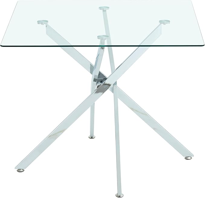 Square Glass Dining Table,Glass Dining Room Table with Metal Legs, Modern Glass Kitchen Table for Home, Kitchen, Dining Room